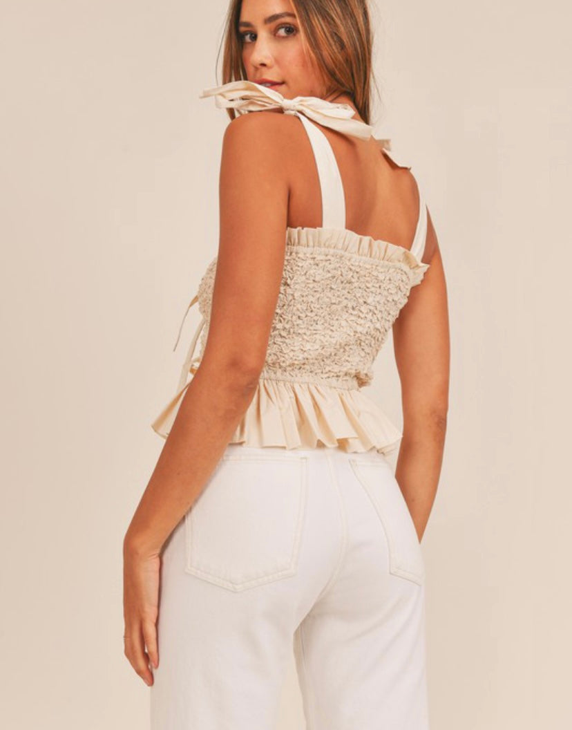 Sleeveless Smocked Self Tie Ribbon Top