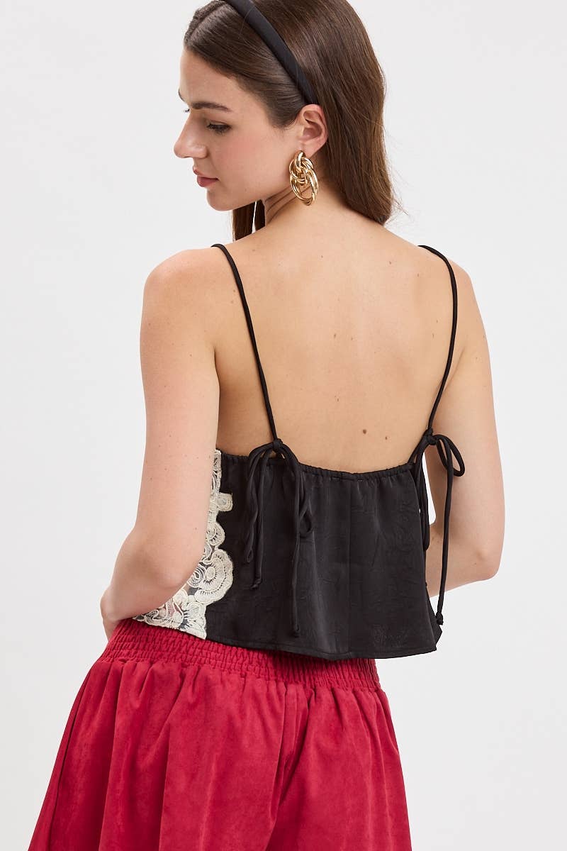 CONTRAST EMBROIDERED WAVY LACE SATIN CAMI CROP TOP