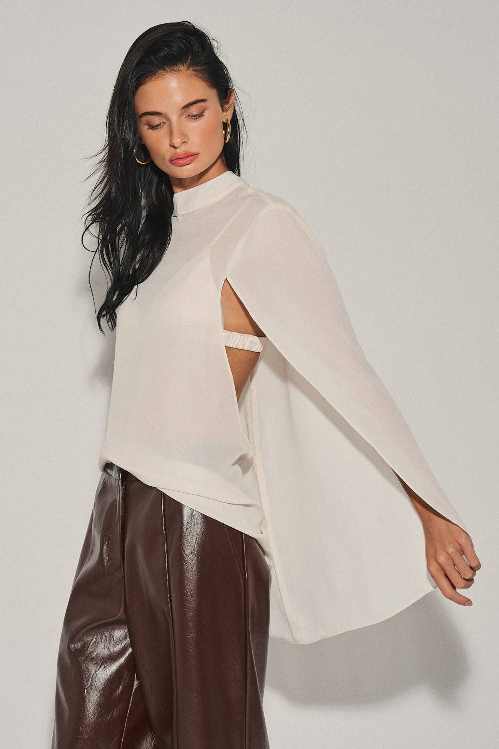 M0063T LADIES WOVEN HIGH-NECK CAPE STYLE TOP : Black / L