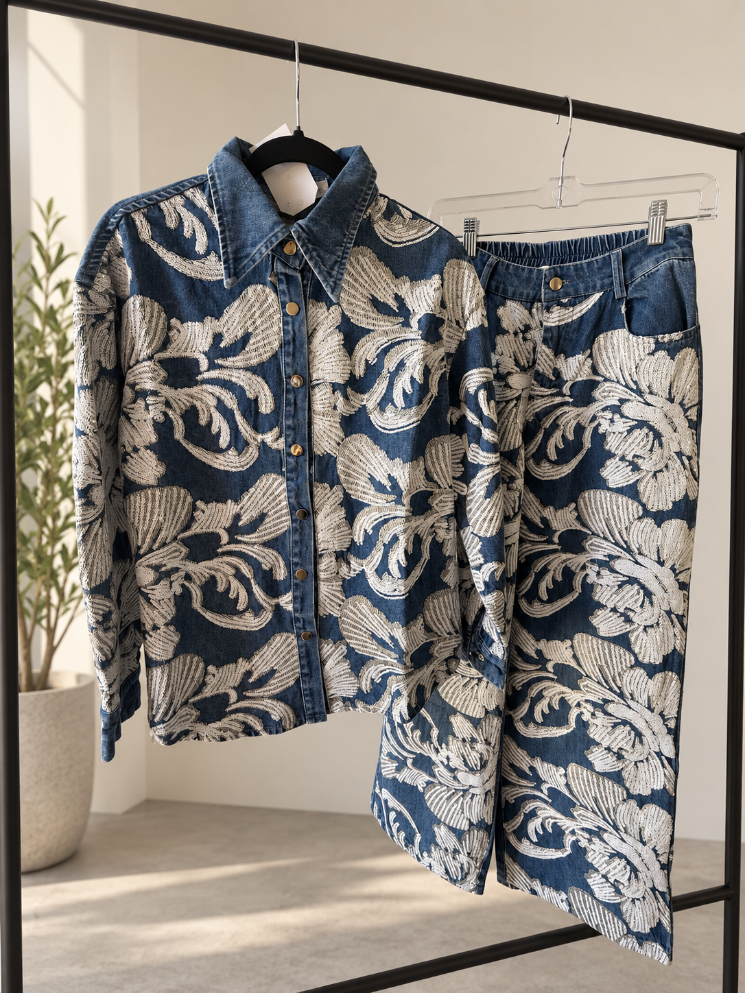 Floral Lace Embellished Denim Set