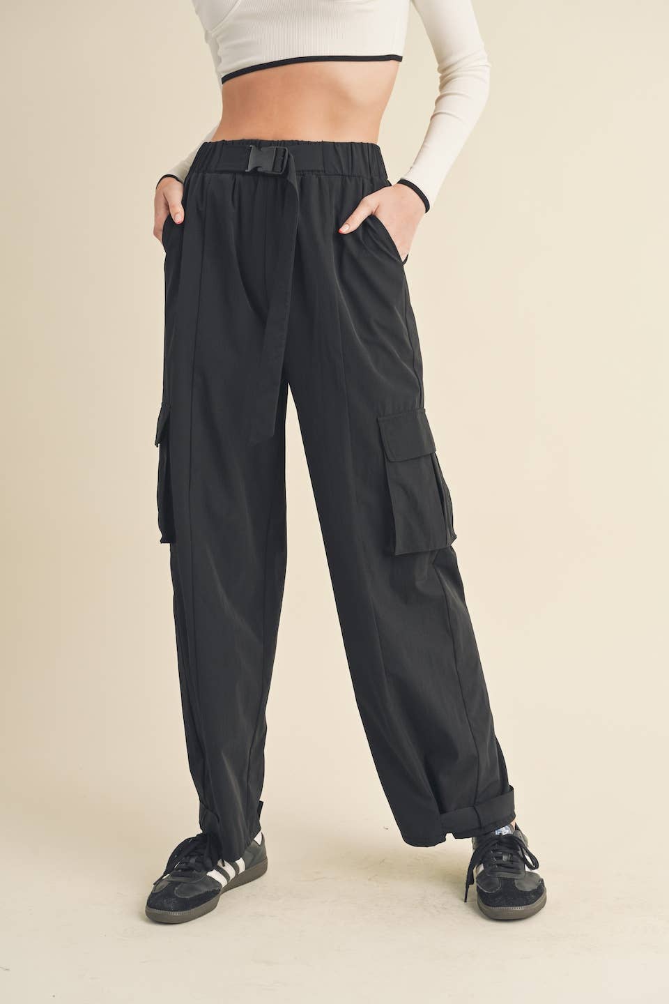Lightweight Nylon Wide Leg Cargo Pants