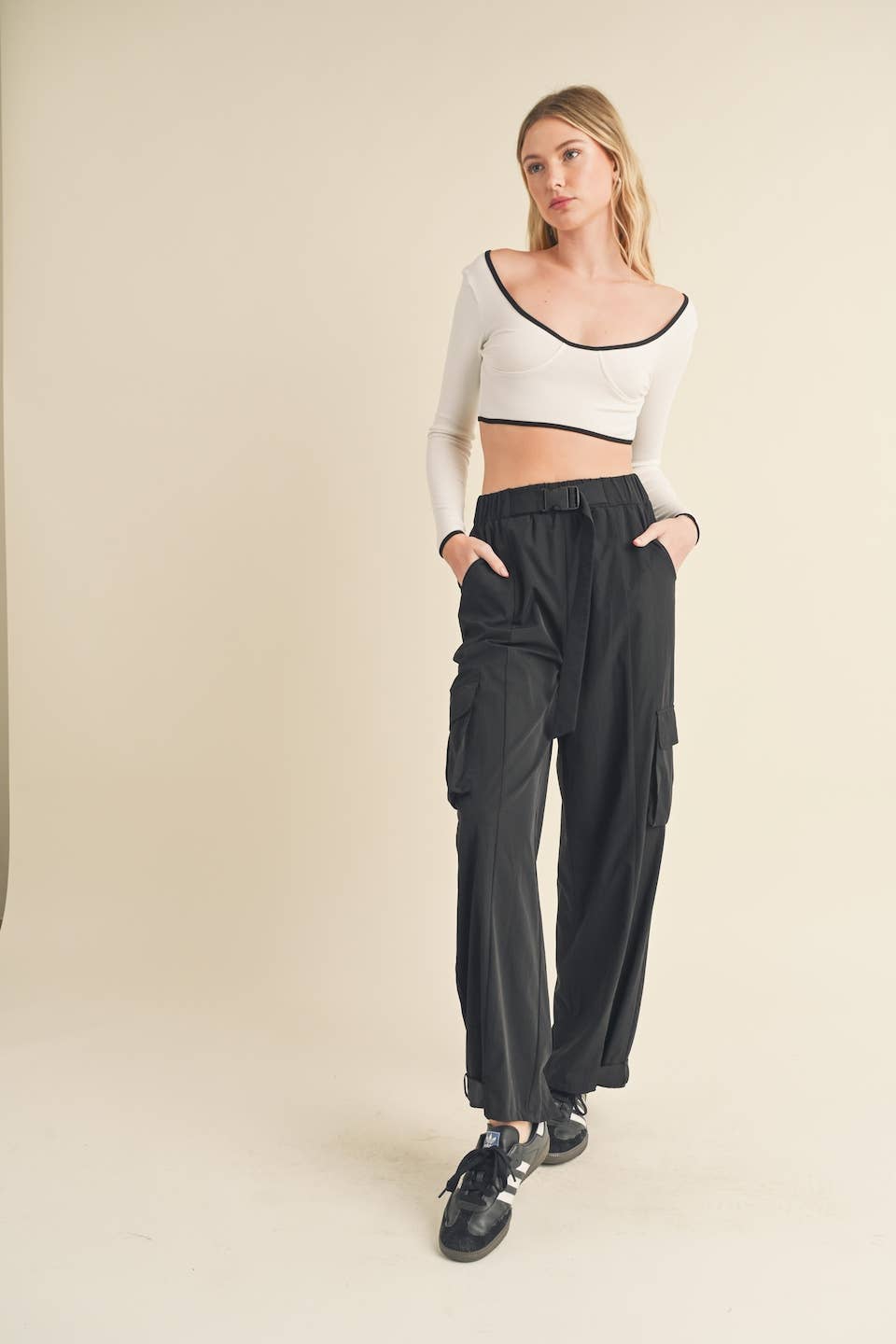 Lightweight Nylon Wide Leg Cargo Pants
