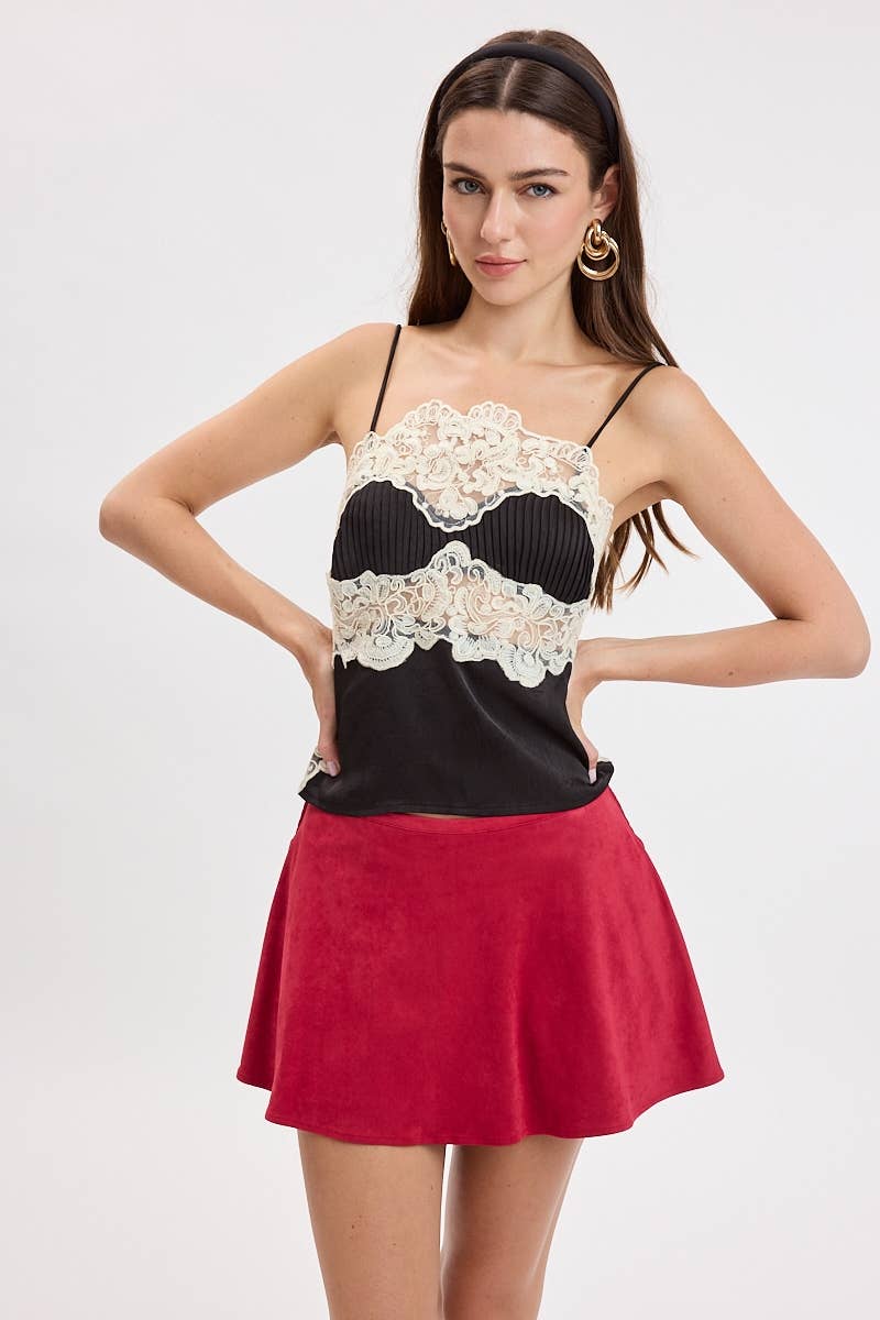 CONTRAST EMBROIDERED WAVY LACE SATIN CAMI CROP TOP