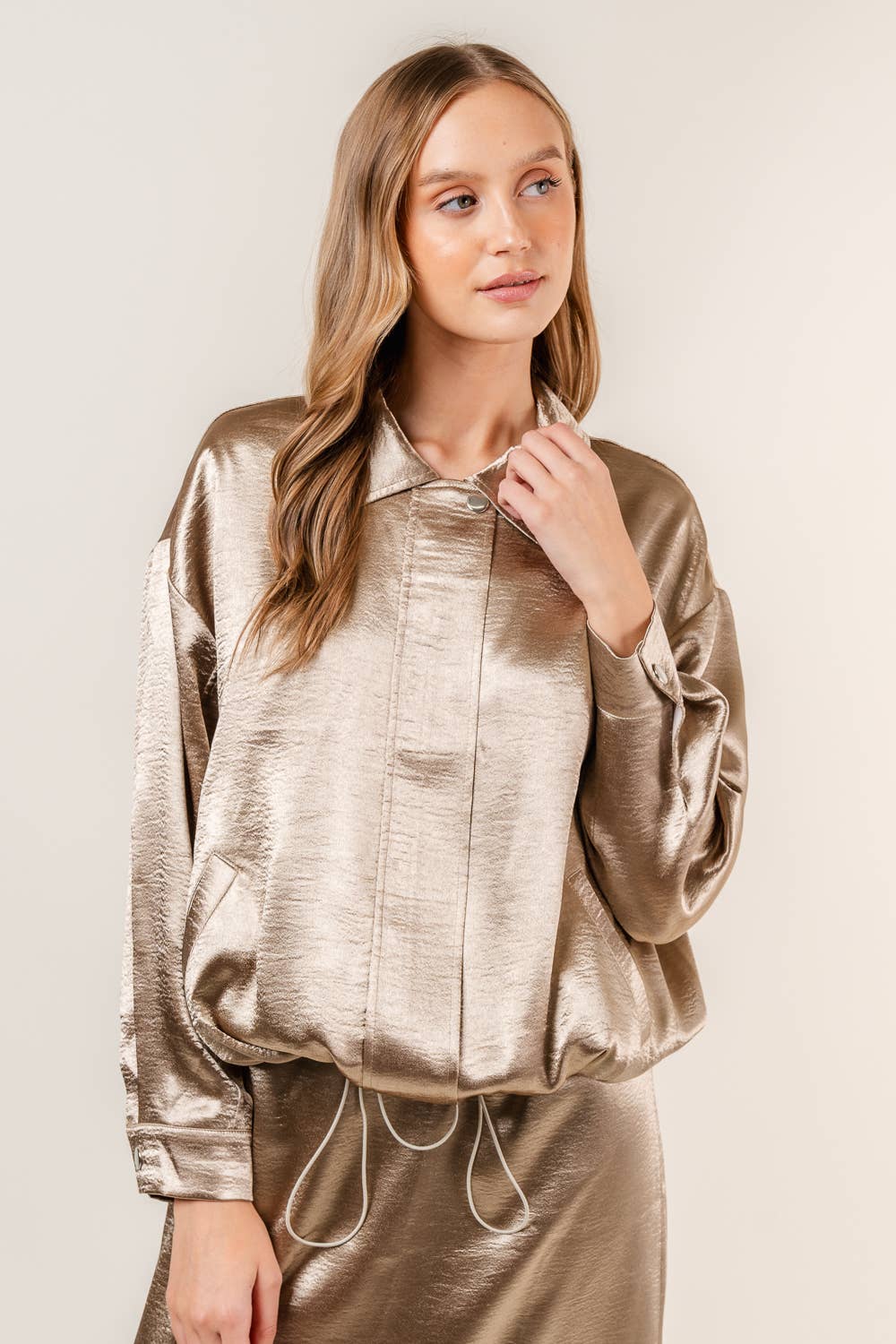 CHIC SPORTY ATHLEISURE HIDDEN ZIP UP SATIN JACKET-OI6283FO: Bronze / Contemporary / M