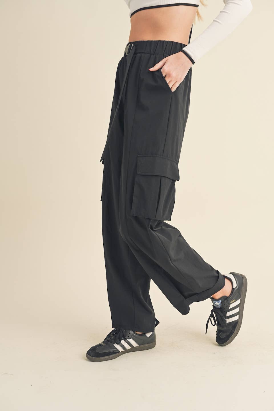 Lightweight Nylon Wide Leg Cargo Pants