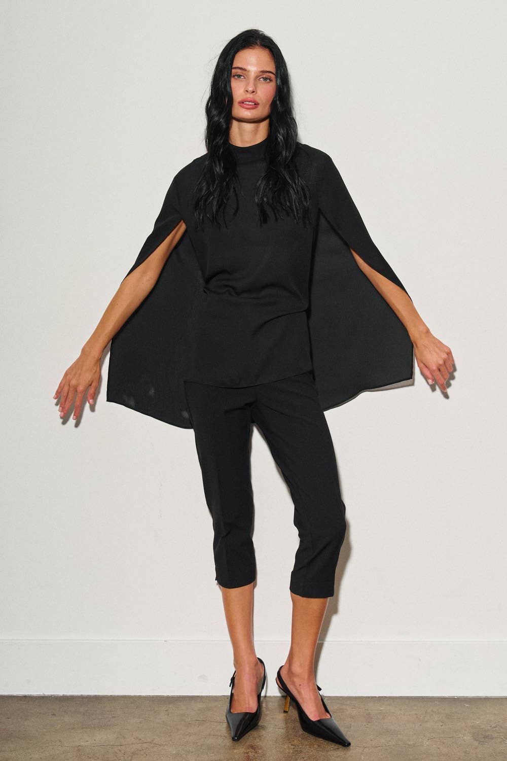 M0063T LADIES WOVEN HIGH-NECK CAPE STYLE TOP : Black / S