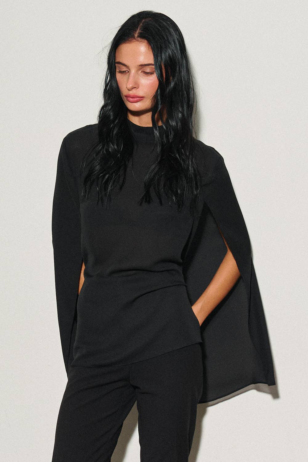 M0063T LADIES WOVEN HIGH-NECK CAPE STYLE TOP : Black / L