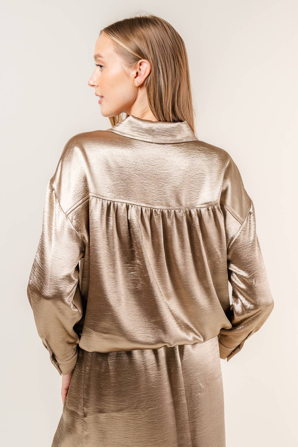 CHIC SPORTY ATHLEISURE HIDDEN ZIP UP SATIN JACKET-OI6283FO: Bronze / Contemporary / M