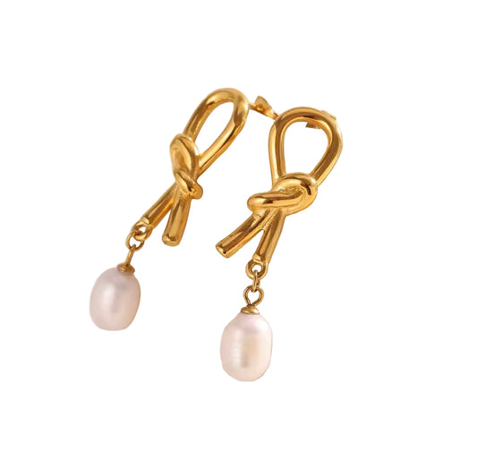 Golden Knot Pearl Drop Earrings