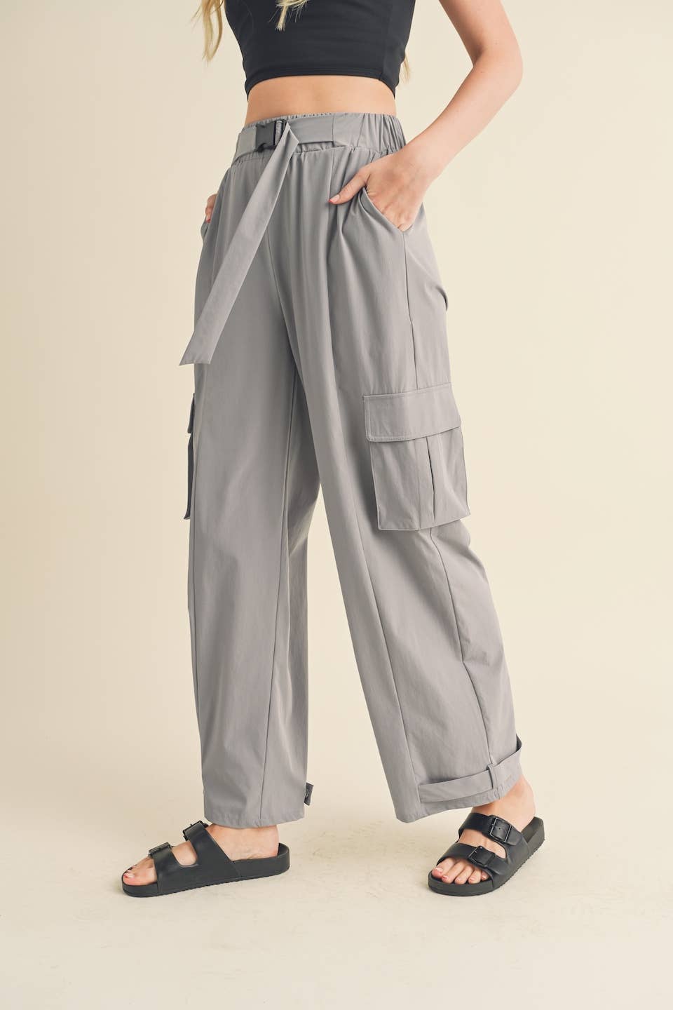 Lightweight Nylon Wide Leg Cargo Pants: Khaki / S