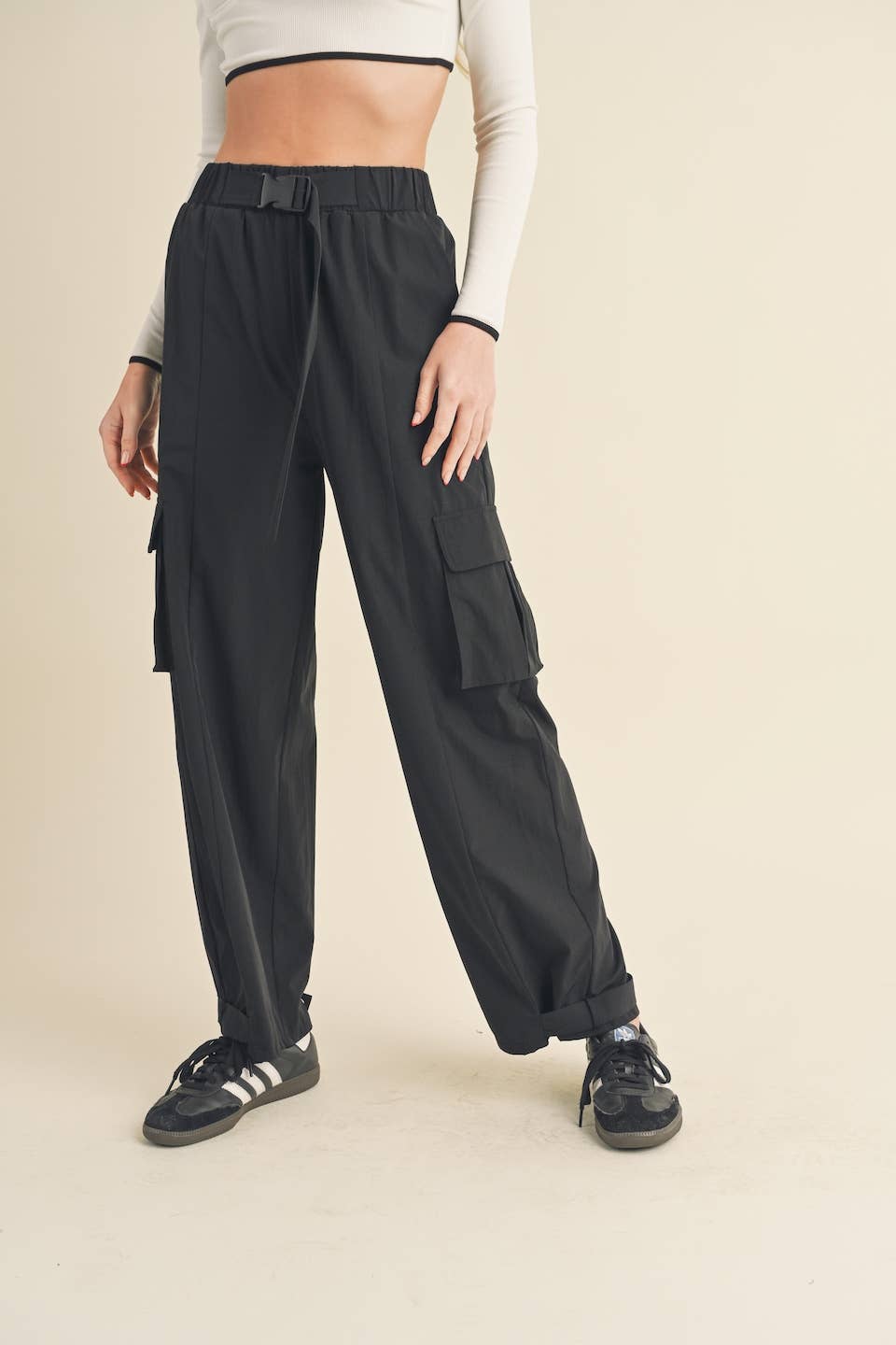 Lightweight Nylon Wide Leg Cargo Pants