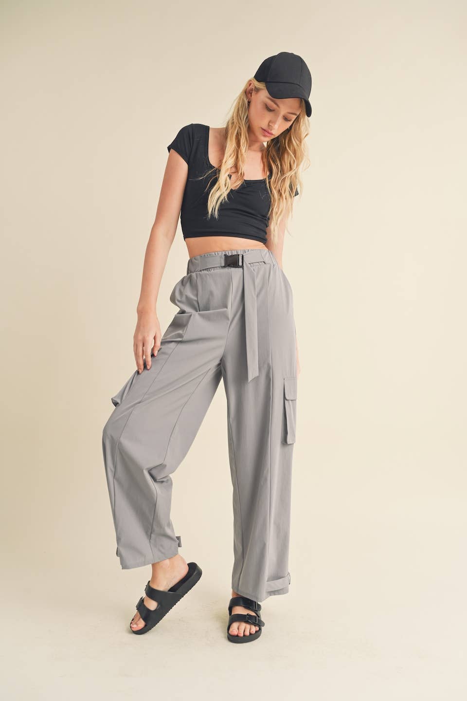 Lightweight Nylon Wide Leg Cargo Pants: Khaki / L
